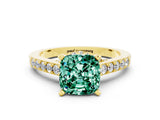 Yellow gold Cushion Cut Diamond Solitaire Ring with Pavé Band and Prong Setting