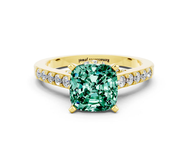 Yellow gold Cushion Cut Green Sapphire Solitaire Ring with Crossover Gallery and Round  Pavé Band