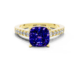 Yellow gold Cushion Cut Diamond Solitaire Ring with Pavé Band and Prong Setting