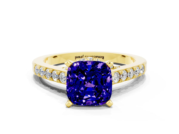 Yellow gold Cushion Cut Tanzanite Solitaire Ring with Crossover Gallery and Round  Pavé Band