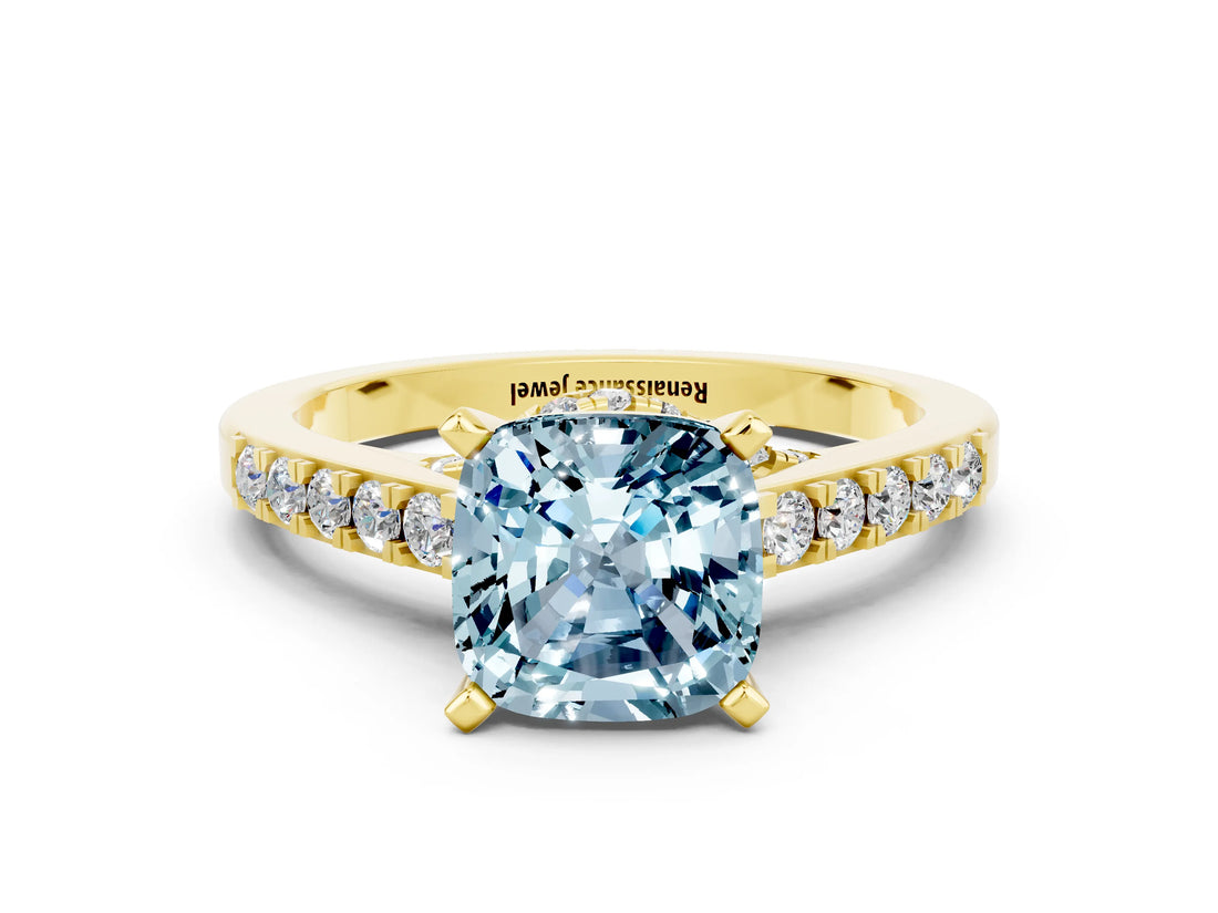 Yellow gold Cushion Cut Diamond Solitaire Ring with Pavé Band and Prong Setting