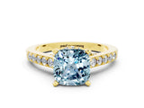 Yellow gold Cushion Cut Diamond Solitaire Ring with Pavé Band and Prong Setting