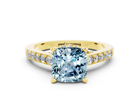 Yellow gold Cushion Cut Diamond Solitaire Ring with Pavé Band and Prong Setting