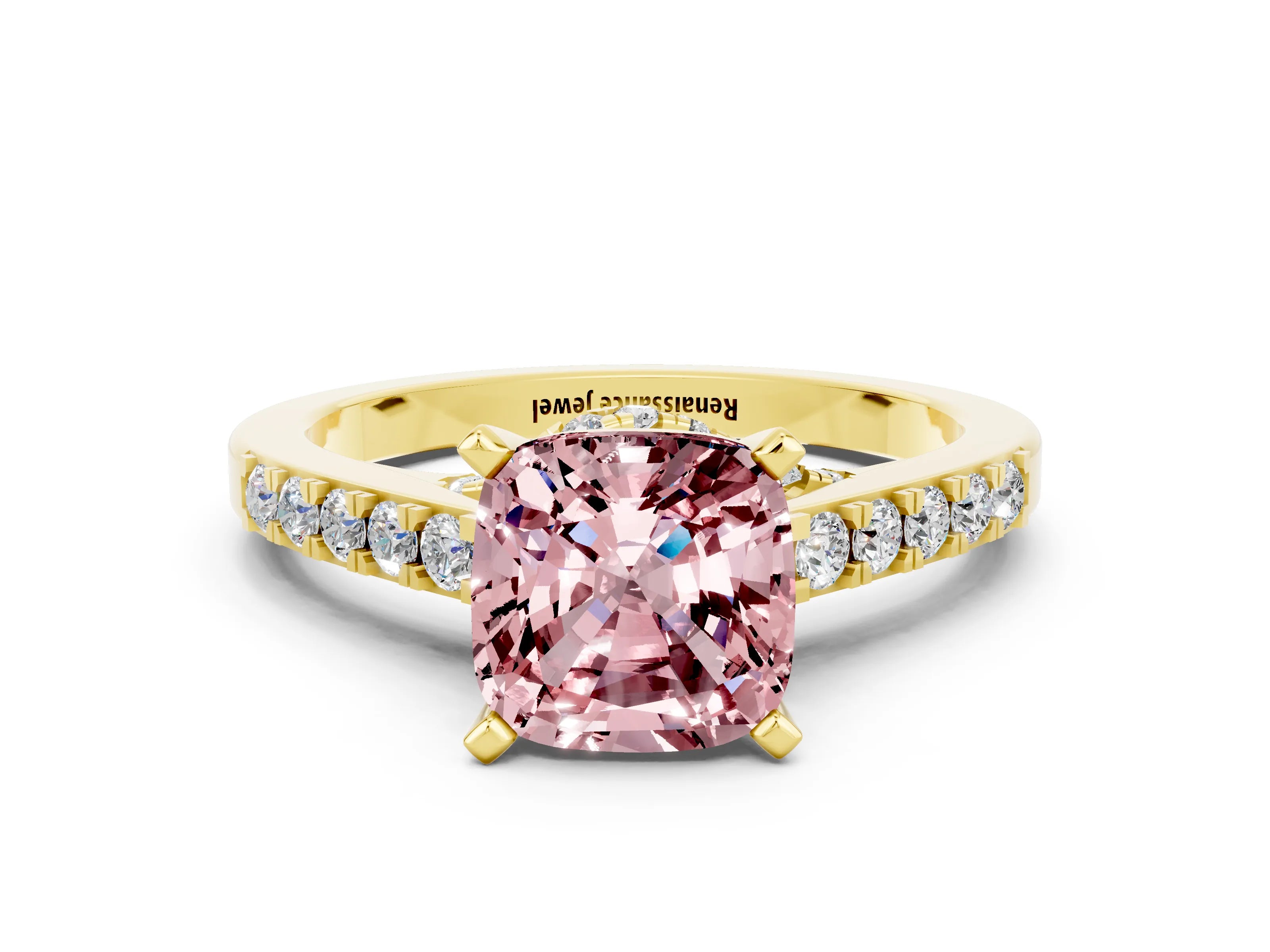 Yellow gold Cushion Cut Diamond Solitaire Ring with Pavé Band and Prong Setting