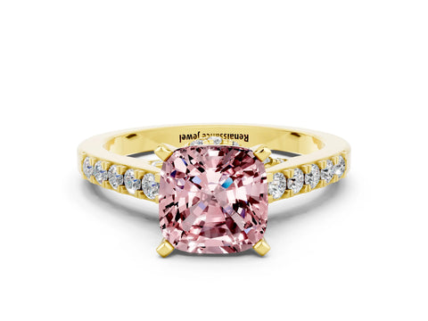 Yellow gold Cushion Cut Diamond Solitaire Ring with Pavé Band and Prong Setting