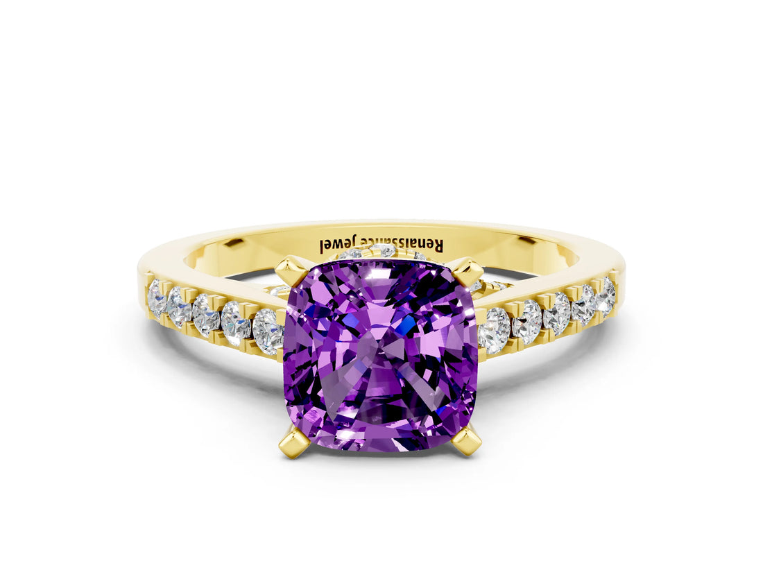Yellow gold Cushion Cut Diamond Solitaire Ring with Pavé Band and Prong Setting