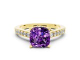 Yellow gold Cushion Cut Diamond Solitaire Ring with Pavé Band and Prong Setting
