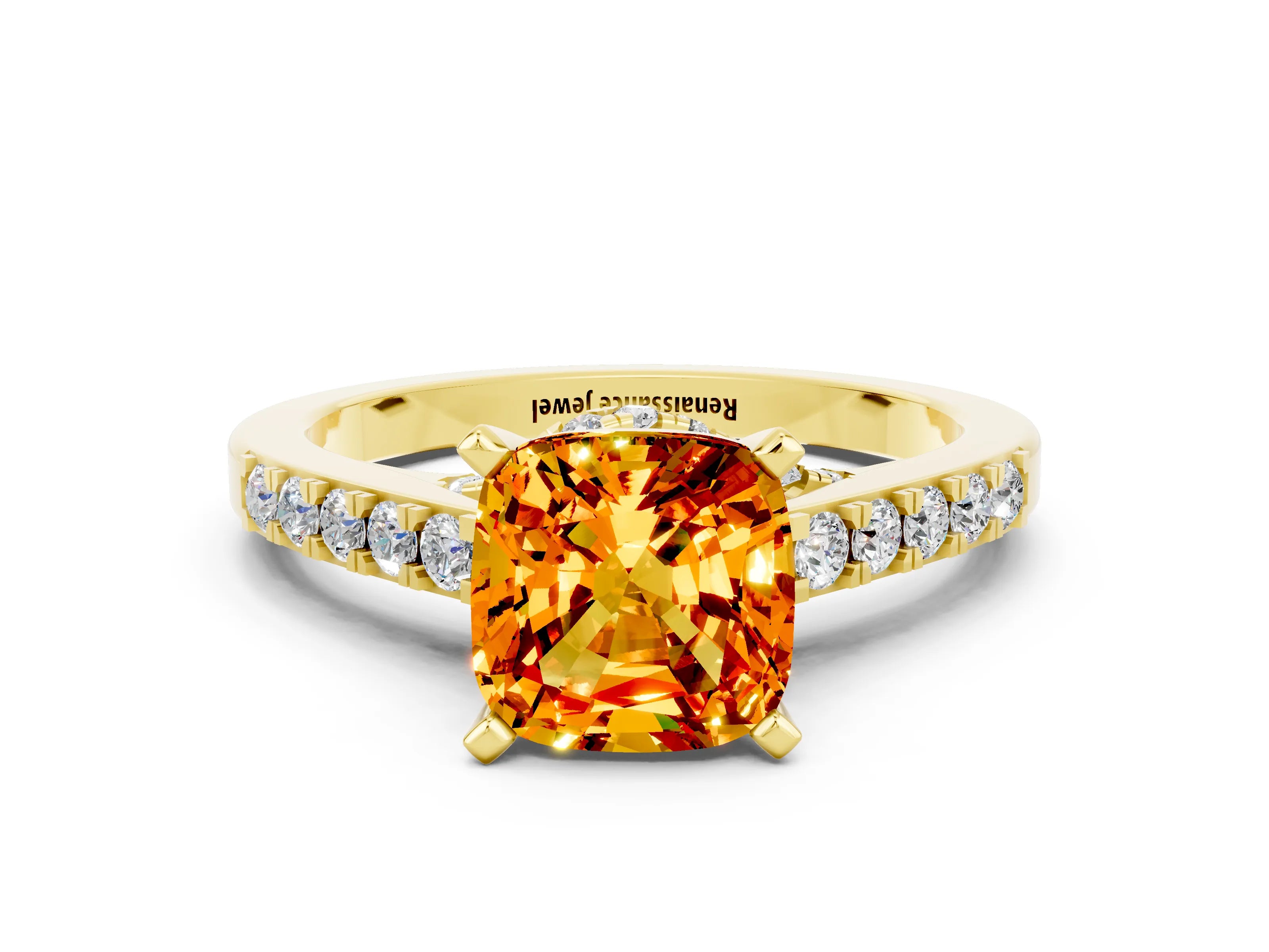 Yellow gold Cushion Cut Diamond Solitaire Ring with Pavé Band and Prong Setting