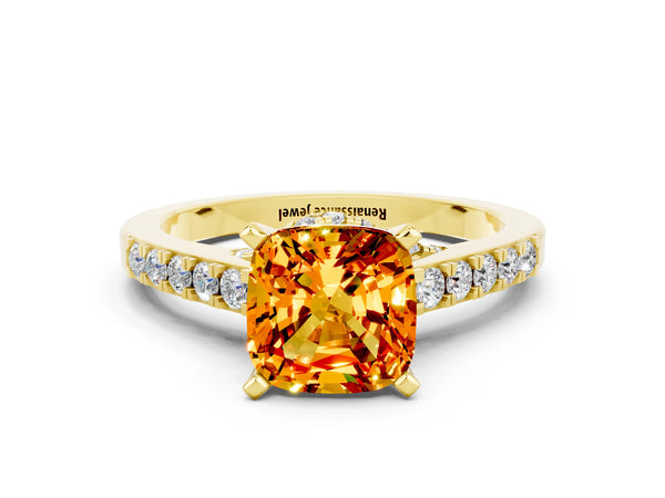 Yellow gold Cushion Cut Citrine Solitaire Ring with Crossover Gallery and Round  Pavé Band