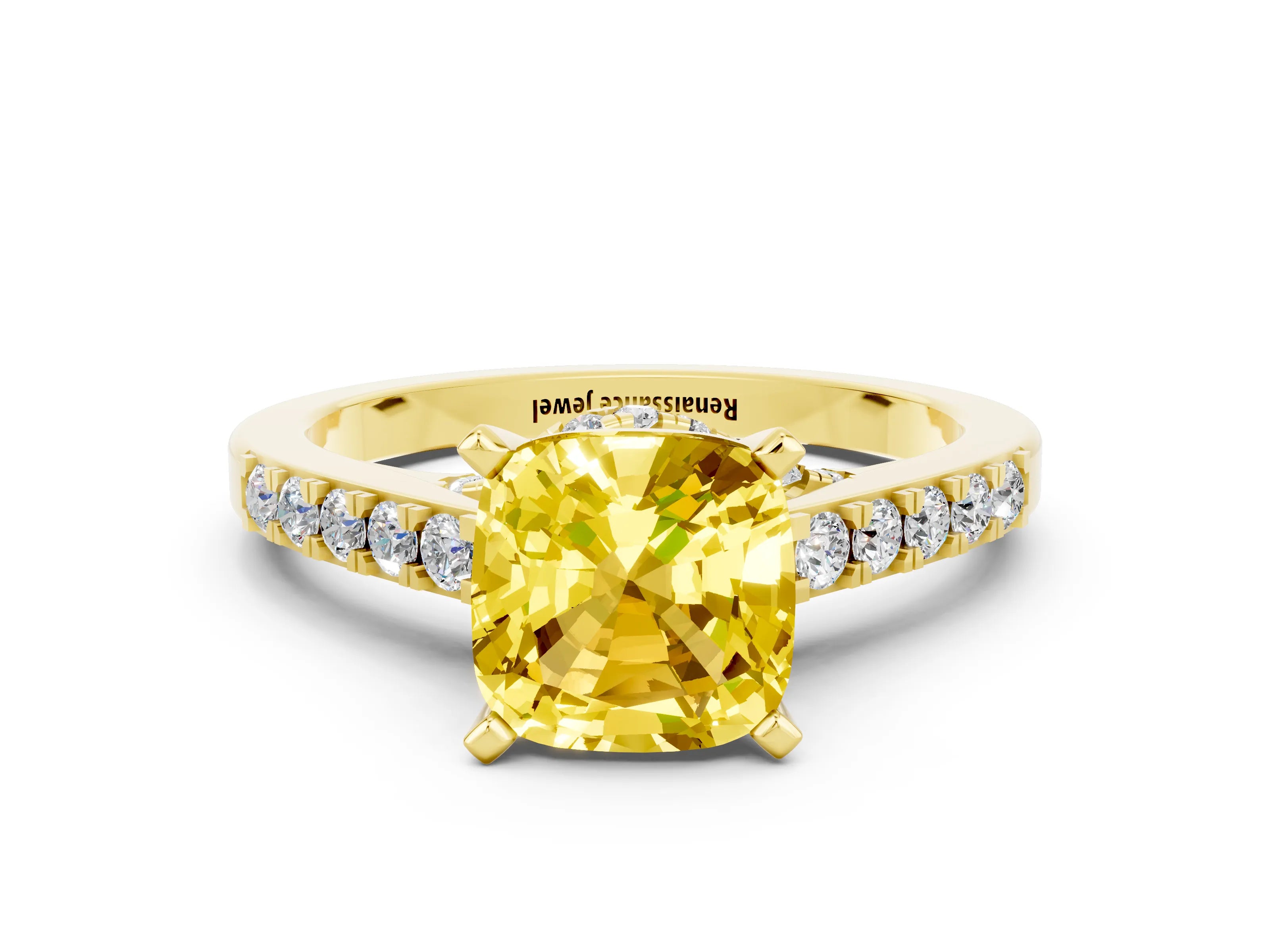 Yellow gold Cushion Cut Diamond Solitaire Ring with Pavé Band and Prong Setting