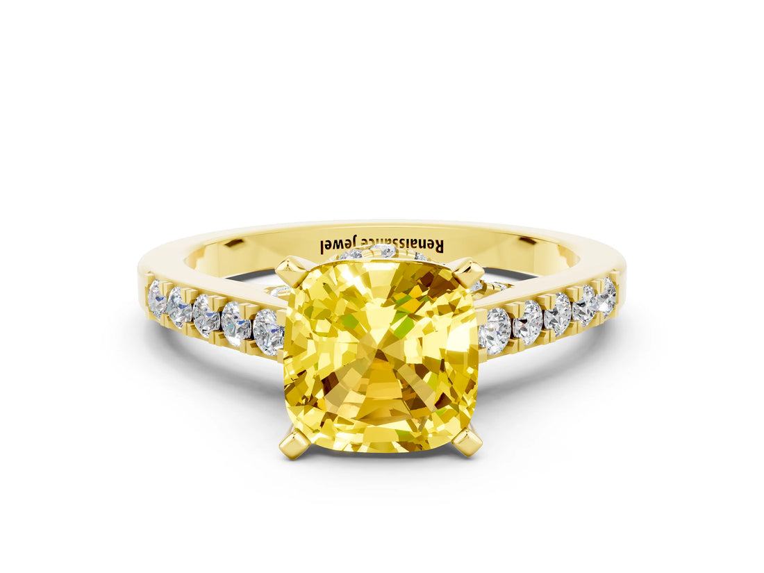 Yellow gold Cushion Cut Diamond Solitaire Ring with Pavé Band and Prong Setting