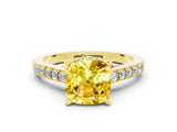 Yellow gold Cushion Cut Diamond Solitaire Ring with Pavé Band and Prong Setting