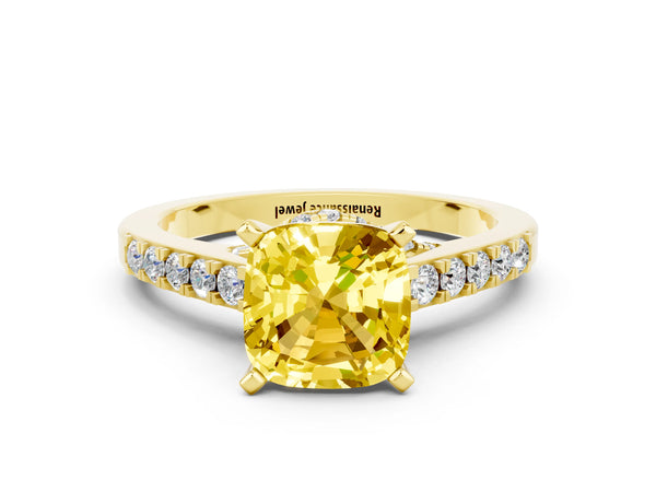 Yellow gold Cushion Cut Yellow Sapphire Solitaire Ring with Crossover Gallery and Round  Pavé Band
