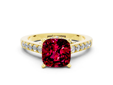 Yellow gold Cushion Cut Diamond Solitaire Ring with Pavé Band and Prong Setting