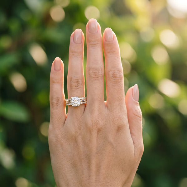 Yellow gold Cushion Cut Diamond Solitaire Ring with Pavé and Channel Set Band
