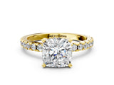 10K Yellow Gold 0.95 Carat D VS1 Cushion Diamond Solitaire Ring with Round Pavé Band and Four-Prong Setting