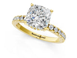 10K Yellow Gold 0.95 Carat D VS1 Cushion Diamond Solitaire Ring with Round Pavé Band and Four-Prong Setting