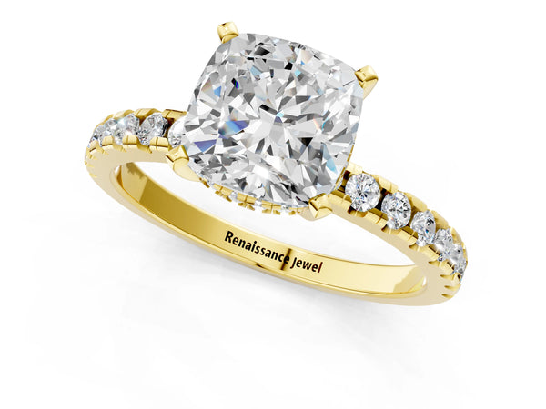 10K Yellow Gold 0.95 Carat D VS1 Cushion Diamond Solitaire Ring with Round Pavé Band and Four-Prong Setting
