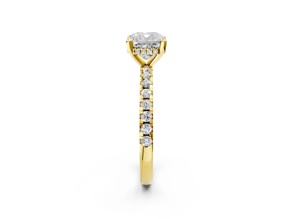 10K Yellow Gold 0.95 Carat D VS1 Cushion Diamond Solitaire Ring with Round Pavé Band and Four-Prong Setting