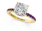 Yellow gold Cushion Cut Diamond Solitaire Ring with Round with Amethyst side stone Pavé Band and Four-Prong Setting_37