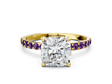 Yellow gold Cushion Cut Diamond Solitaire Ring with Round with Amethyst side stone Pavé Band and Prong Setting_12