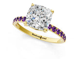 Yellow gold Cushion Cut Diamond Solitaire Ring with Round with Amethyst side stone Pavé Band and Prong Setting_13