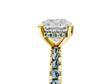 Yellow gold Cushion Cut Diamond Solitaire Ring with Round with Aquamarine side stone Pavé Band and Four-Prong Setting_41