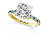 Yellow gold Cushion Cut Diamond Solitaire Ring with Round with Aquamarine side stone Pavé Band and Prong Setting_46