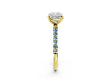Yellow gold Cushion Cut Diamond Solitaire Ring with Round with Aquamarine side stone Pavé Band and Prong Setting_47