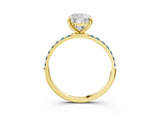 Yellow gold Cushion Cut Diamond Solitaire Ring with Round with Aquamarine side stone Pavé Band and Prong Setting_48