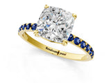 Yellow gold Cushion Cut Diamond Solitaire Ring with Round with Blue Sapphire side stone Pavé Band and Prong Setting_13