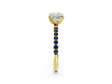 Yellow gold Cushion Cut Diamond Solitaire Ring with Round with Blue Sapphire side stone Pavé Band and Prong Setting_14