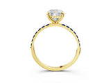 Yellow gold Cushion Cut Diamond Solitaire Ring with Round with Blue Sapphire side stone Pavé Band and Prong Setting_15