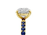 Yellow gold Cushion Cut Diamond Solitaire Ring with Round with Blue Sapphire side stone Pavé Band and Prong Setting_17