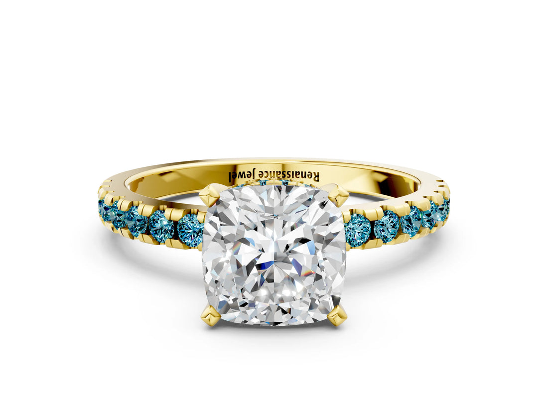 Yellow gold Cushion Cut Diamond Solitaire Ring with Round with Blue Topaz side stone Pavé Band and Four-Prong Setting_36