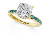 Yellow gold Cushion Cut Diamond Solitaire Ring with Round with Blue Topaz side stone Pavé Band and Four-Prong Setting_37
