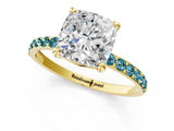 Yellow gold Cushion Cut Diamond Solitaire Ring with Round with Blue Topaz side stone Pavé Band and Prong Setting_13