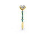 Yellow gold Cushion Cut Diamond Solitaire Ring with Round with Blue Topaz side stone Pavé Band and Prong Setting_14