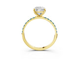 Yellow gold Cushion Cut Diamond Solitaire Ring with Round with Blue Topaz side stone Pavé Band and Prong Setting_15