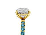 Yellow gold Cushion Cut Diamond Solitaire Ring with Round with Blue Topaz side stone Pavé Band and Prong Setting_17