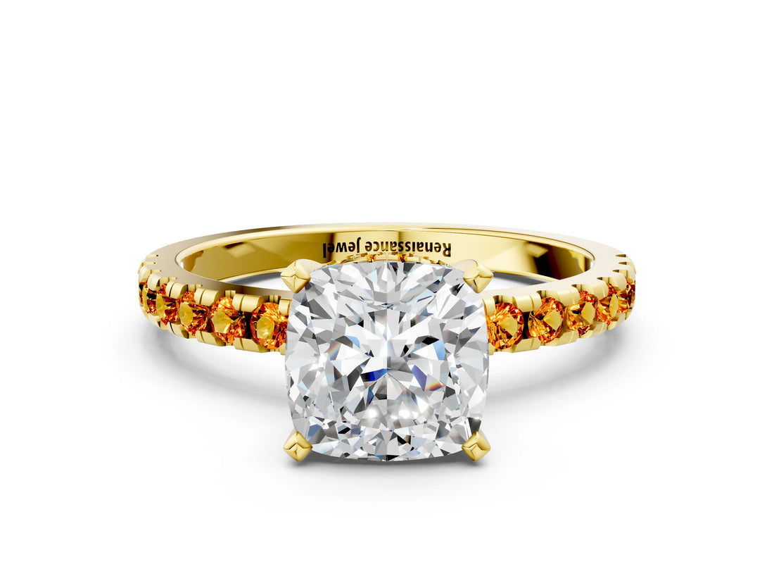 Yellow gold Cushion Cut Diamond Solitaire Ring with Round with Citrine side stone Pavé Band and Four-Prong Setting_36