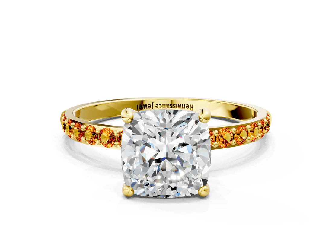 Yellow gold Cushion Cut Diamond Solitaire Ring with Round with Citrine side stone Pavé Band and Prong Setting_12