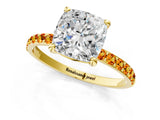 Yellow gold Cushion Cut Diamond Solitaire Ring with Round with Citrine side stone Pavé Band and Prong Setting_13