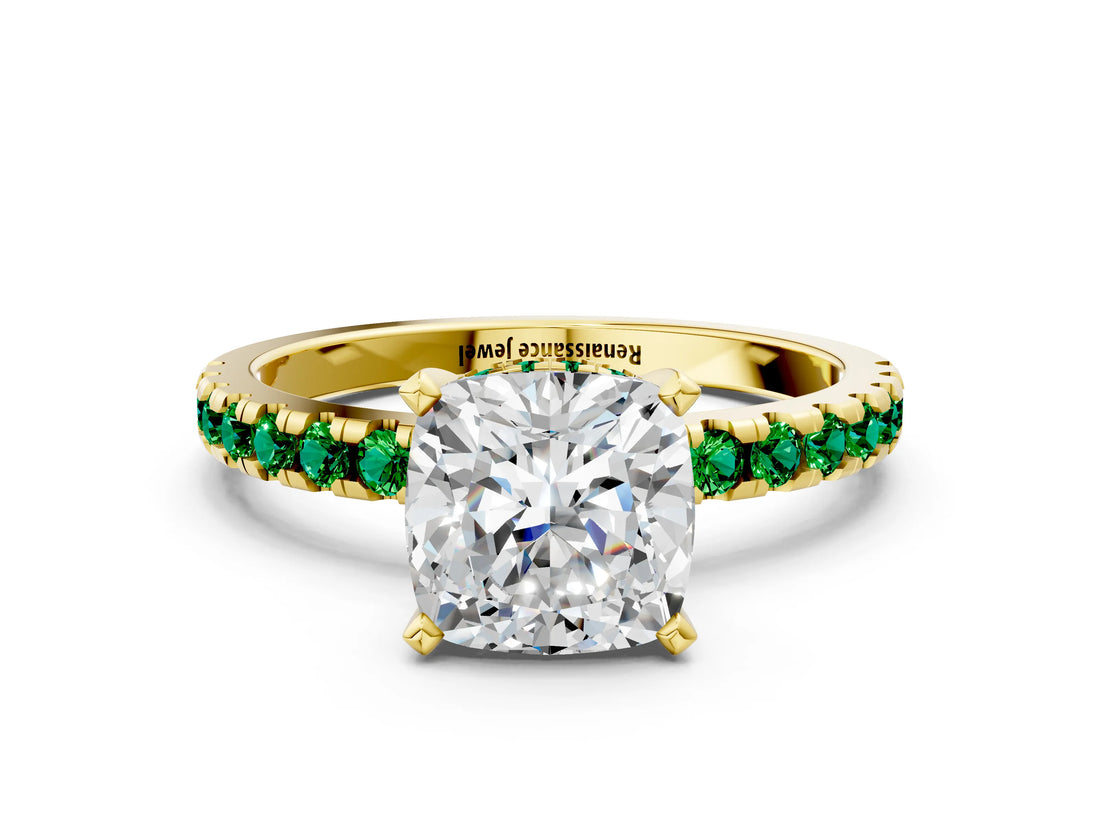 Yellow gold Cushion Cut Diamond Solitaire Ring with Round with Emerald side stone Pavé Band and Four-Prong Setting_36