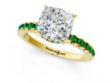 Yellow gold Cushion Cut Diamond Solitaire Ring with Round with Emerald side stone Pavé Band and Four-Prong Setting_37