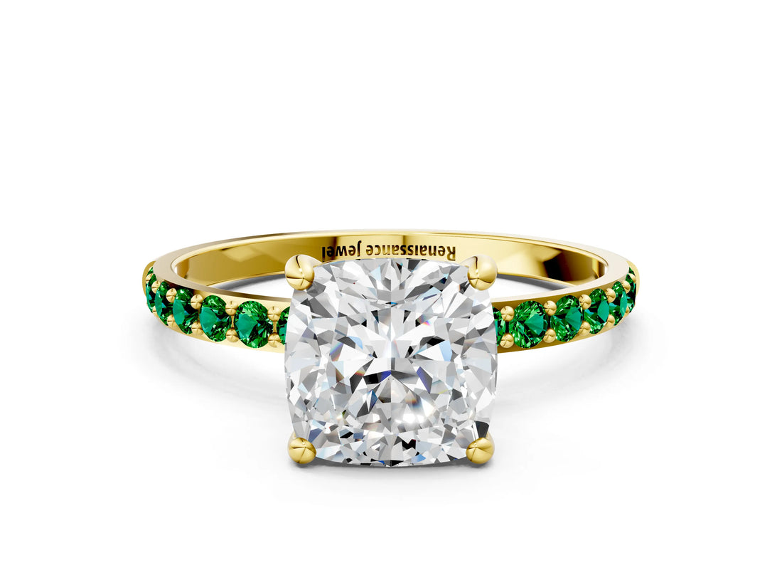 Yellow gold Cushion Cut Diamond Solitaire Ring with Round with Emerald side stone Pavé Band and Prong Setting_24