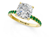 Yellow gold Cushion Cut Diamond Solitaire Ring with Round with Emerald side stone Pavé Band and Prong Setting_25