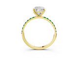 Yellow gold Cushion Cut Diamond Solitaire Ring with Round with Emerald side stone Pavé Band and Prong Setting_27