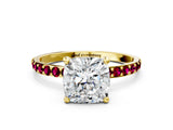 Yellow gold Cushion Cut Diamond Solitaire Ring with Round with Garnet side stone Pavé Band and Prong Setting_24
