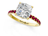 Yellow gold Cushion Cut Diamond Solitaire Ring with Round with Garnet side stone Pavé Band and Prong Setting_25